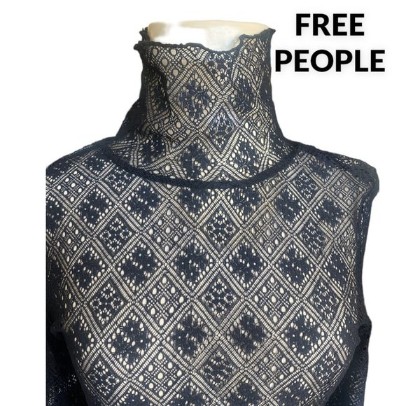 FREE PEOPLE BLACK LACE MESH TOP (SZ L) (EUC) - Picture 2 of 6